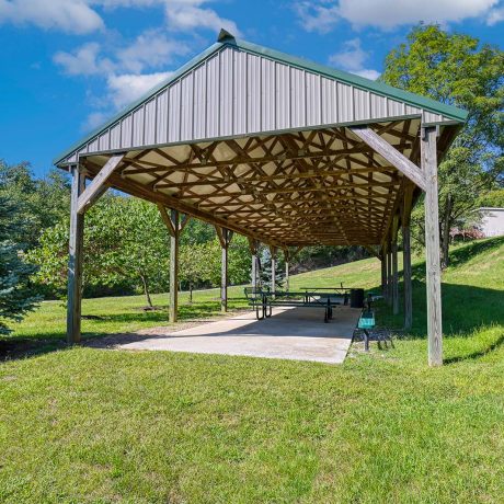 ground-level view of shaded gazebo area